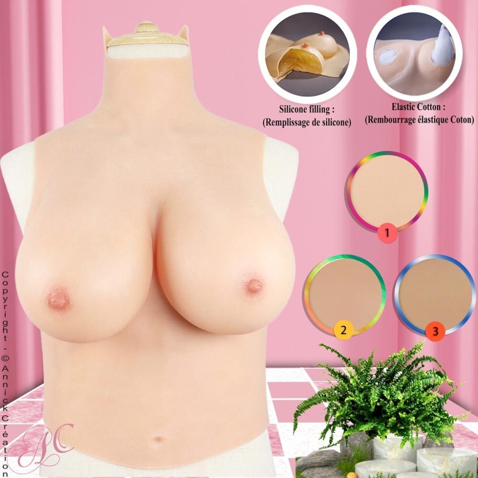 Buste long gros seins en silicone, col haut