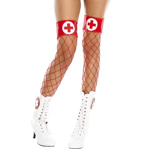 Bas filet rouges jarretières brillantes et croix infirmière - MH4884REW