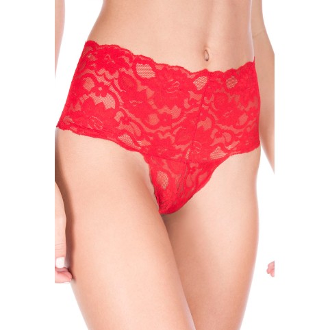 Tanga string rouge taille haute large bande de dentelle florale - ML10021RED