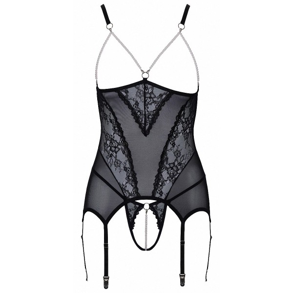 Guêpière seins nus et string ouvert résille et perles - Cottelli Lingerie