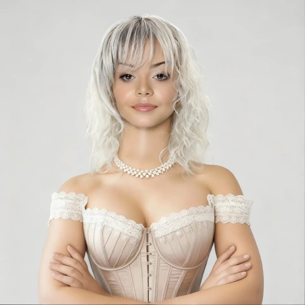 Perruque Mi-Longue Ondulée Gris Méché avec Frange – Racines Foncées