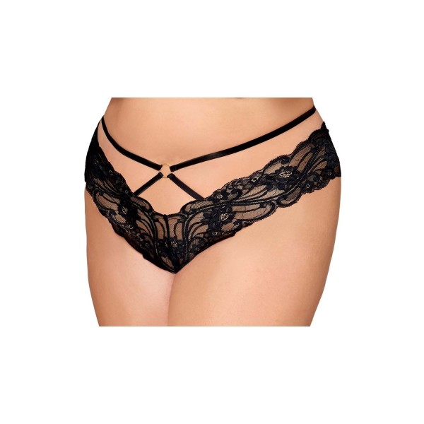Culotte en dentelle noire, grande taille, avec lanières et chaines dorées 