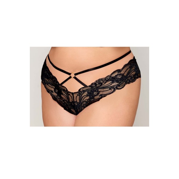 Culotte en dentelle noire, grande taille, avec lanières et chaines dorées 