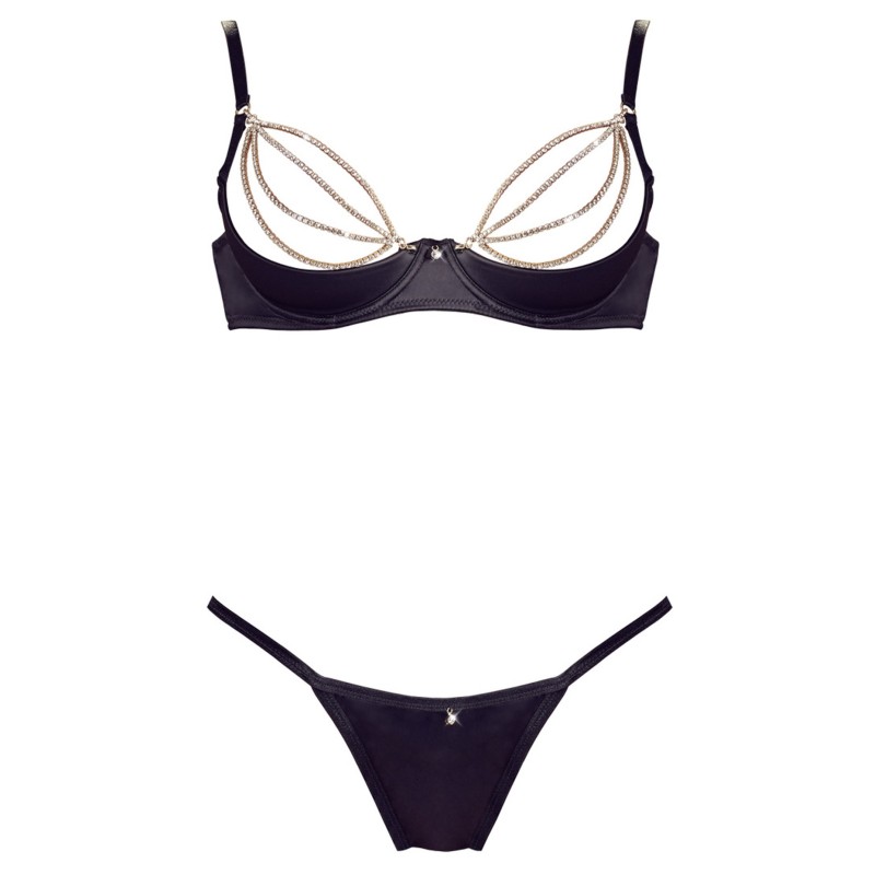 Soutien-gorge sexy demi-seins en satin avec chainette et string 