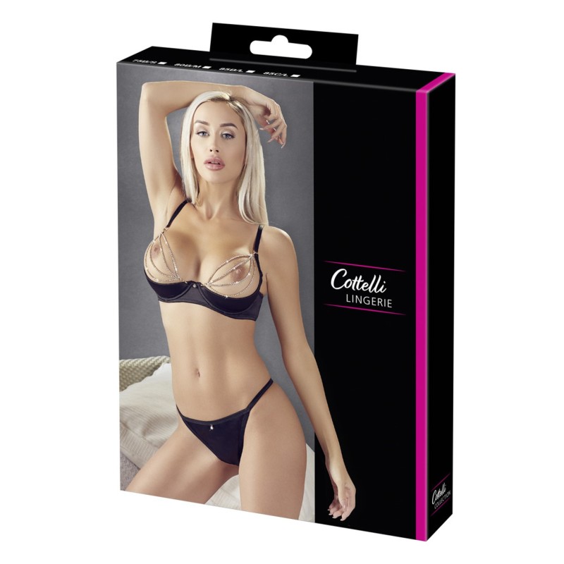 Soutien-gorge sexy demi-seins en satin avec chainette et string 