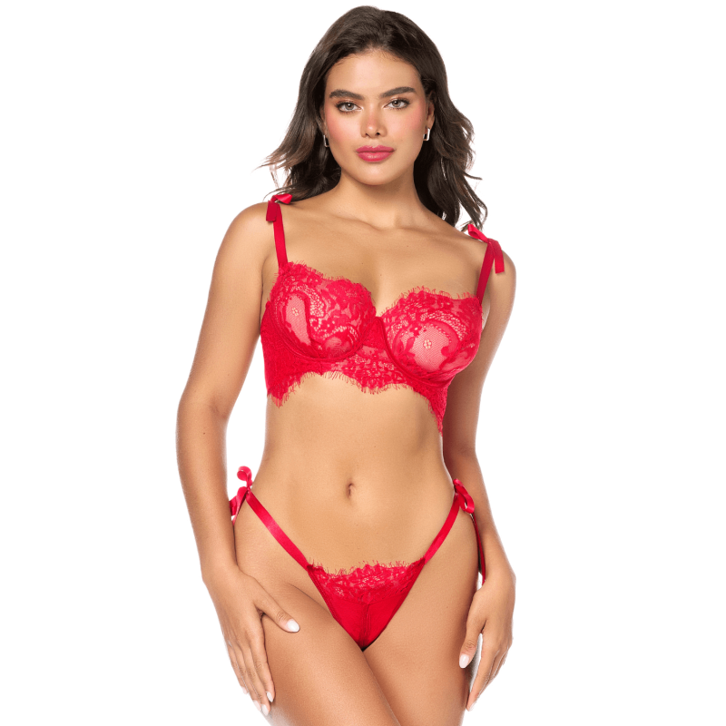 Ensemble sexy 2 pièces en dentelle avec liens à nouer et string 