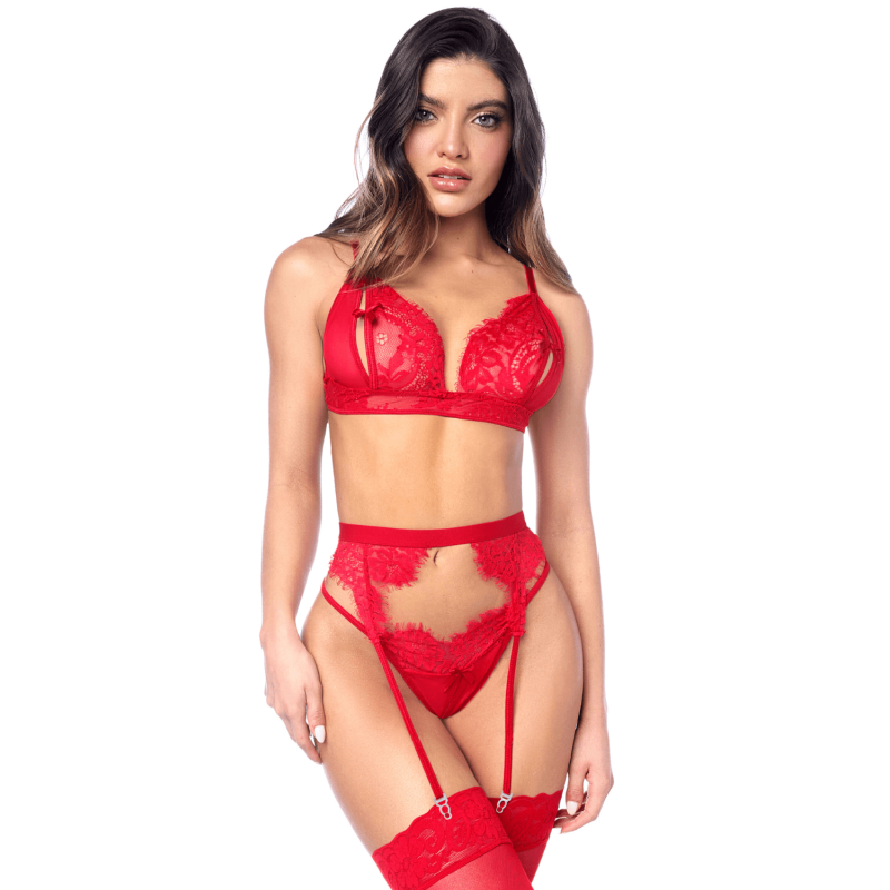 Ensemble sexy 3 pièces peek-a-boo en dentelle avec string et porte-jarretelles 