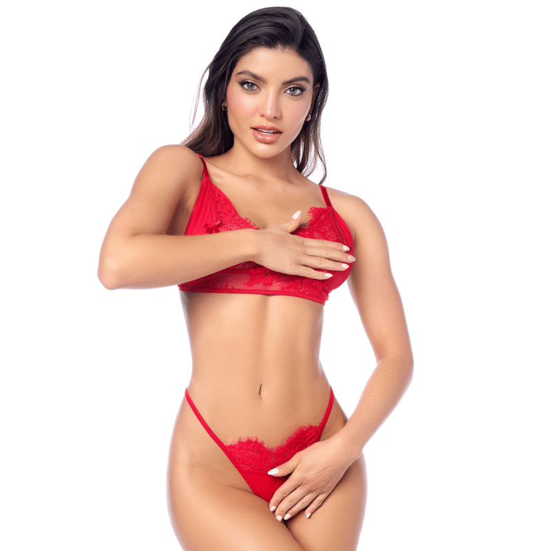 Ensemble sexy 3 pièces peek-a-boo en dentelle avec string et porte-jarretelles 