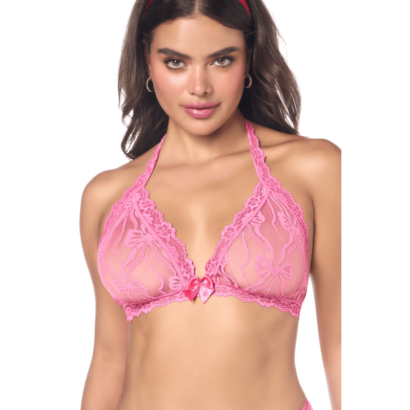 Ensemble sexy 2 pièces rose en dentelle délicate avec haut et string assorti 