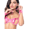 Ensemble sexy 4 pièces avec soutien-gorge ouvert, string, bandeau et menottes en dentelle 