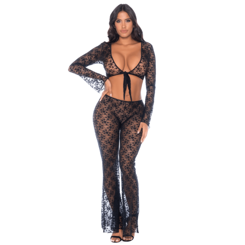 Top et pantalon en dentelle florale noire 