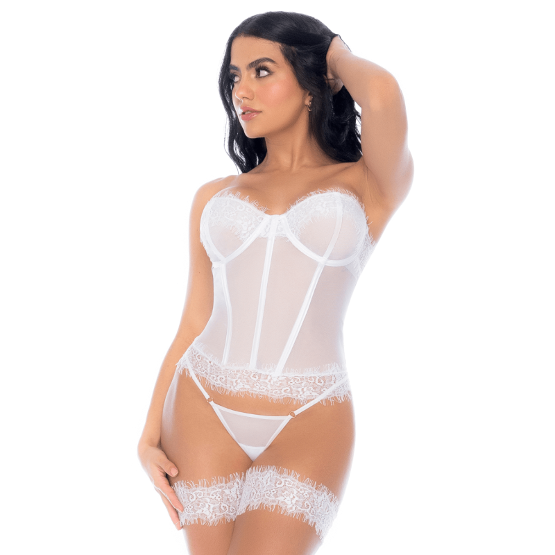 Ensemble 4 pièces blanc, bustier, string et 2 jarretières 