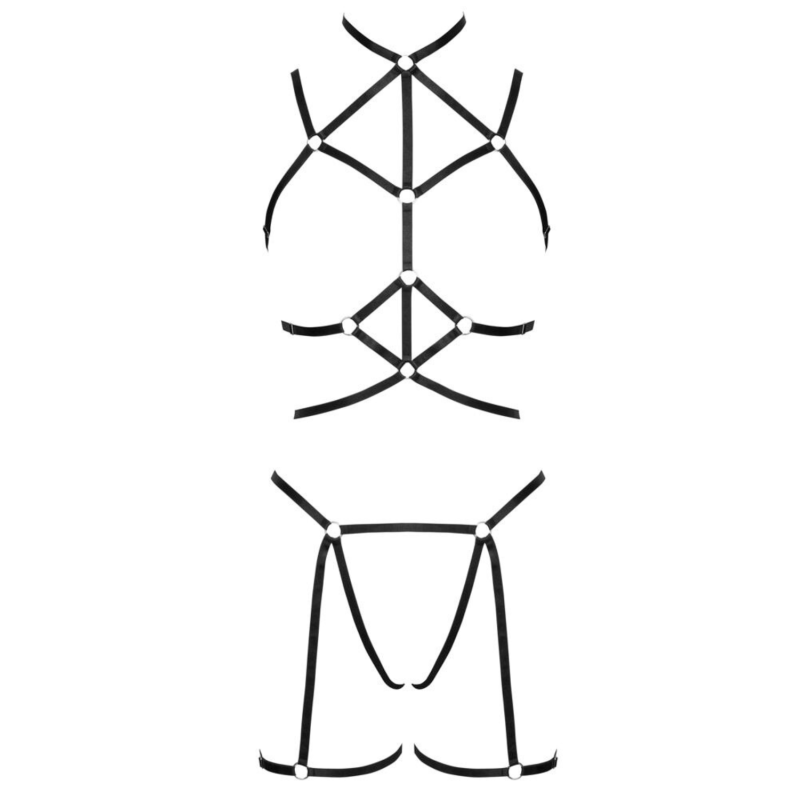 Ensemble 3 pièces soutien-gorge harnais, porte-jarretelles et string 