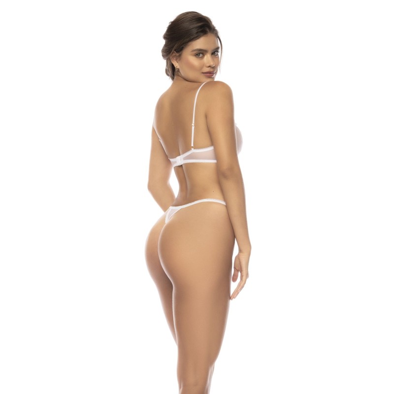 Ensemble 3 pièces blanc Emmie, soutien gorge, porte jarretelles avec fausse fourrure et string assorti 