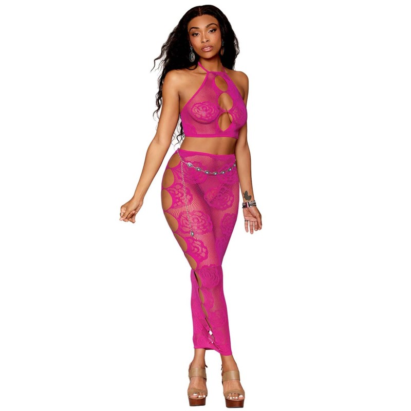 Ensemble Soutien-gorge et jupe longue en filet rose 