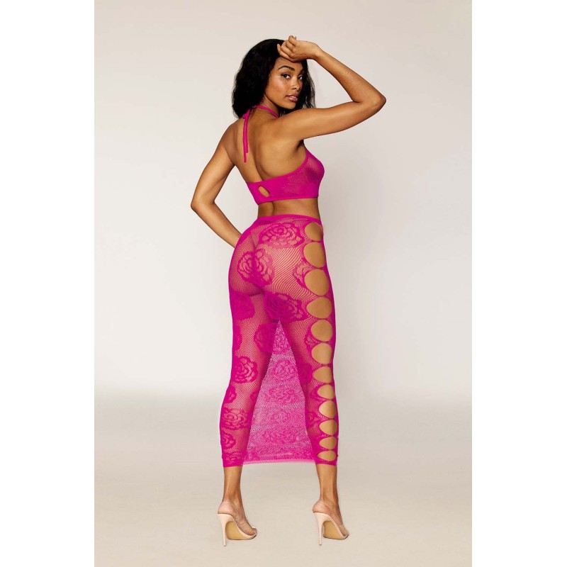 Ensemble Soutien-gorge et jupe longue en filet rose 