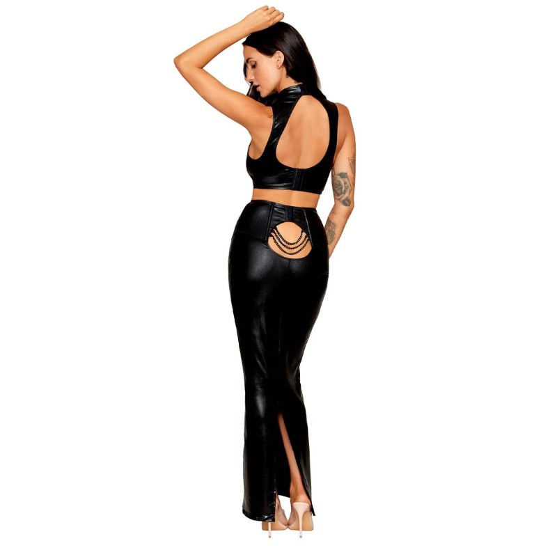 Ensemble Soutien-gorge et jupe longue noir en simili cuir 