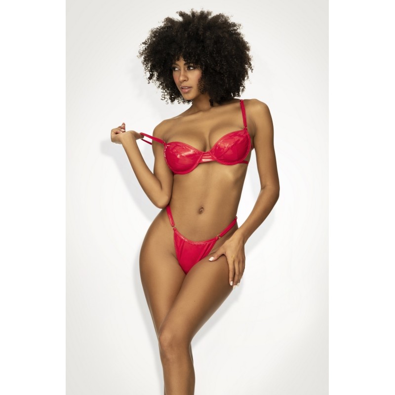 Ensemble lingerie sexy en vinyle rouge avec soutien-gorge et string 