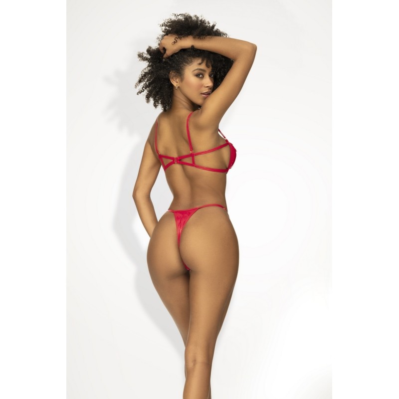 Ensemble lingerie sexy en vinyle rouge avec soutien-gorge et string 