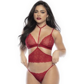 Ensemble lingerie trois pièces en dentelle rouge imprimée de cœurs 