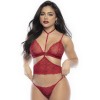 Ensemble lingerie trois pièces en dentelle rouge imprimée de cœurs 