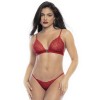 Ensemble lingerie trois pièces en dentelle rouge imprimée de cœurs 