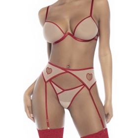 Ensemble lingerie sexy trois pièces chair et rouge 