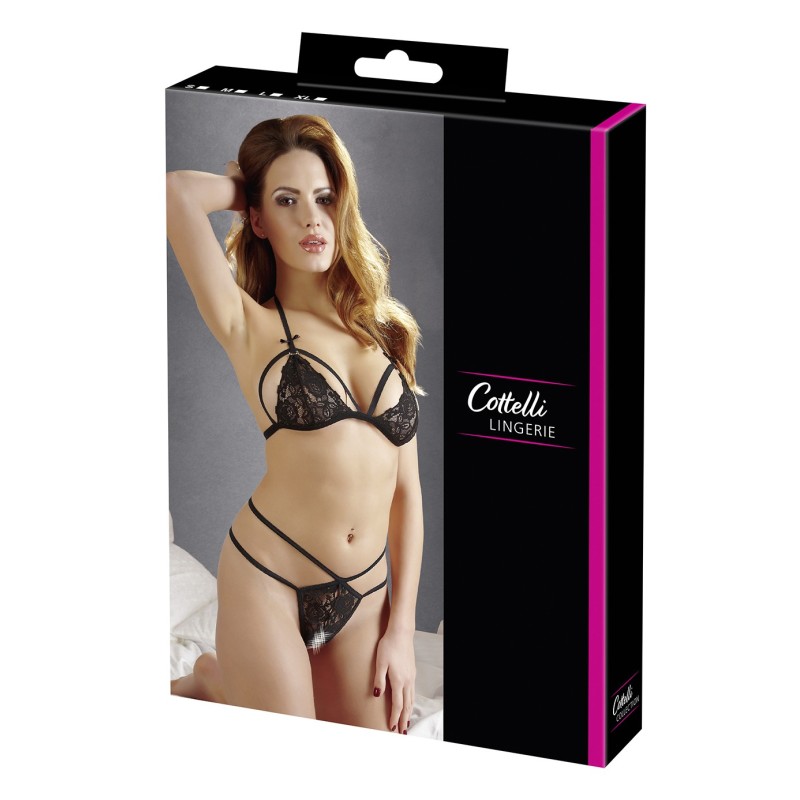 Soutien-gorge en dentelle noire avec bonnets détachables et string 
