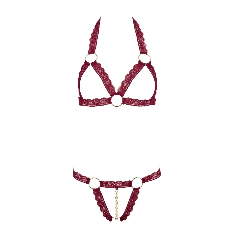 Soutien-gorge ouvert et string rouge à larges bandes sexy 