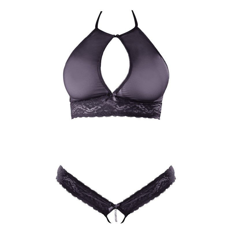 Soutien-gorge bandeau, en dentelle et résille noire et string ouvert 