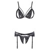Ensemble trois pièces avec soutien-gorge fendu, porte-jarretelles et string noir 