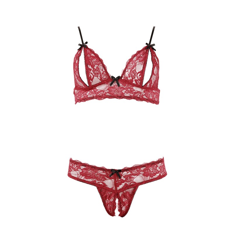 Soutien-gorge, bonnets ouverts, en dentelle rouge et string assorti 