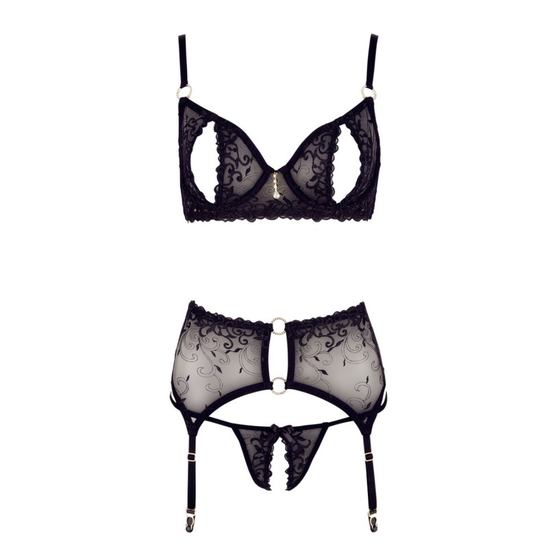 Soutien-gorge dentelle, porte-jarretelles et string ouvert noir 