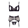 Soutien-gorge dentelle, porte-jarretelles et string ouvert noir 