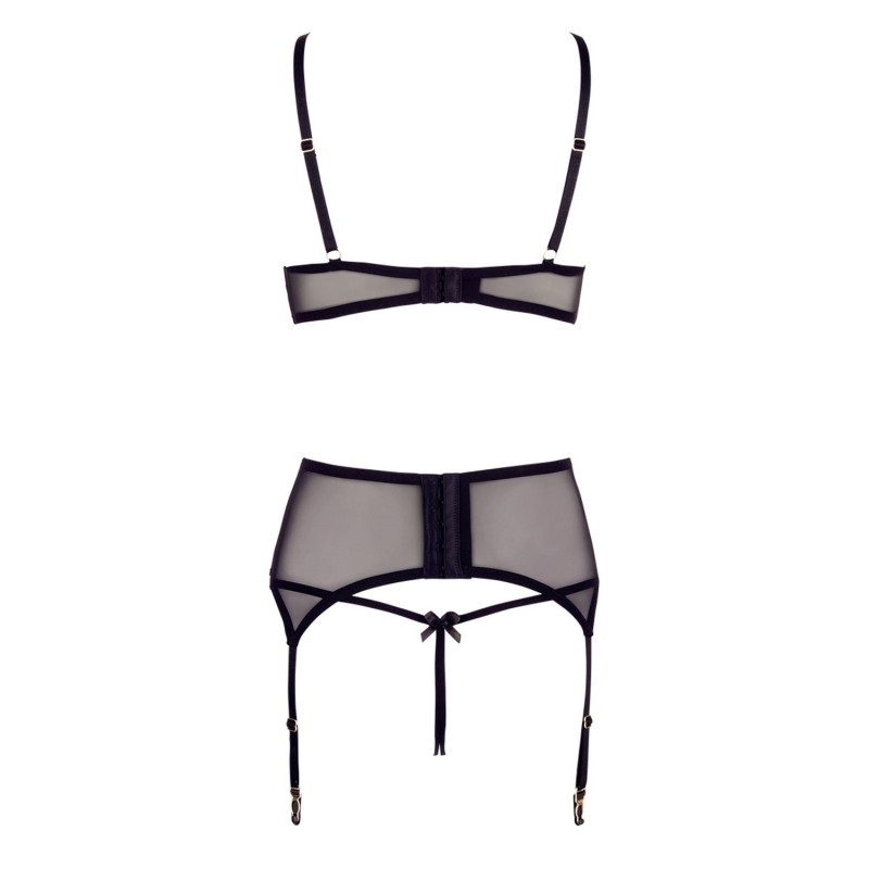 Soutien-gorge dentelle, porte-jarretelles et string ouvert noir 