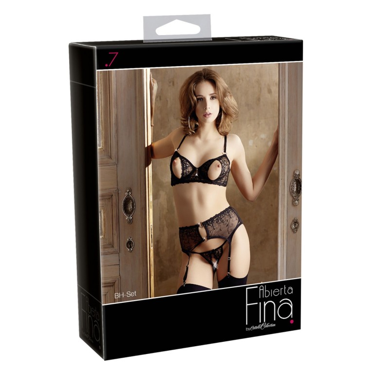 Soutien-gorge dentelle, porte-jarretelles et string ouvert noir 