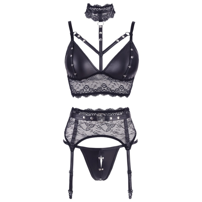Ensemble soutien-gorge, porte jarretelles et culotte noir sexy 