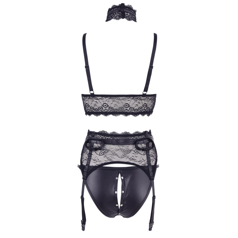 Ensemble soutien-gorge, porte jarretelles et culotte noir sexy 