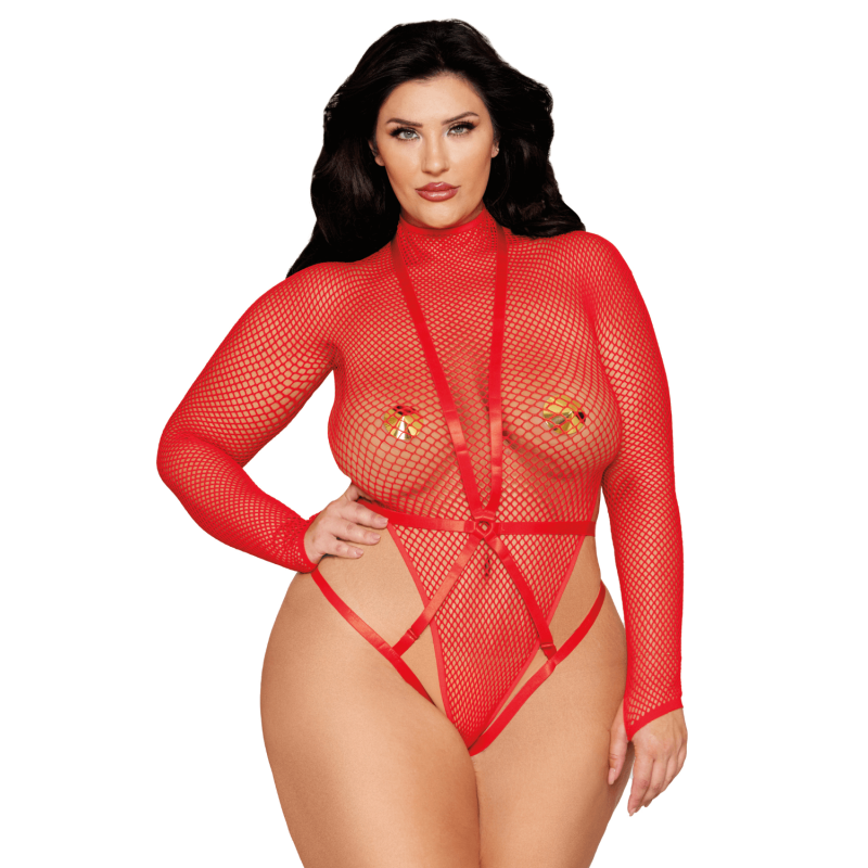 Ensemble 2 pièces grande taille, bodystring résille rouge et harnais 