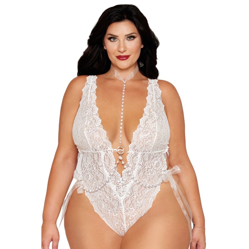 Ensemble 2 pièces grande taille, body dentelle blanc et chainettes bijou de corps perles blanches 