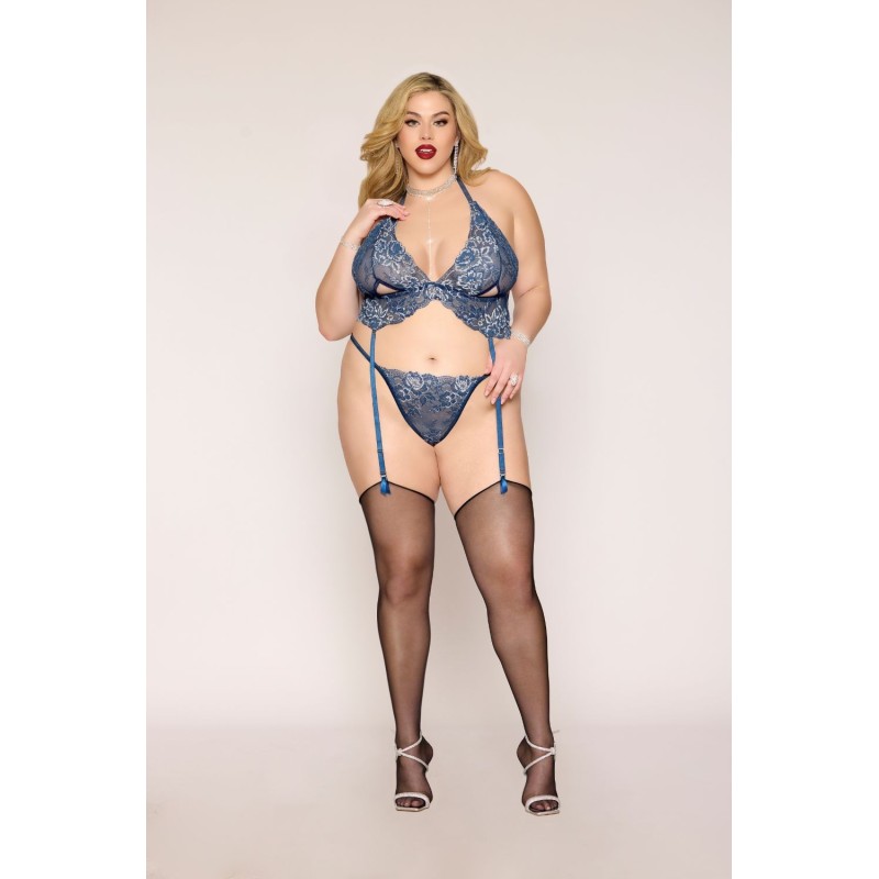 Soutien porte jarretelles grande taille et string en dentelle florale bleue 