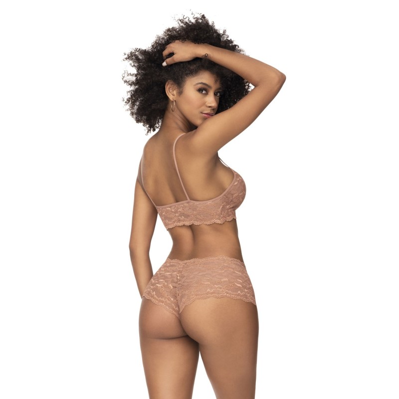 Ensemble 2 pièces en dentelle, top à bretelles et shorty couleur taupe 