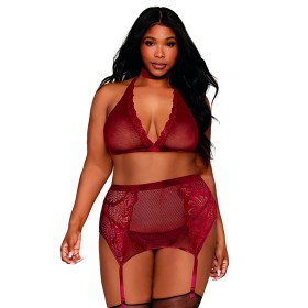 Ensemble 4 pièces grande taille soutien gorge, tour de cou, string et porte jarretelles rouge 