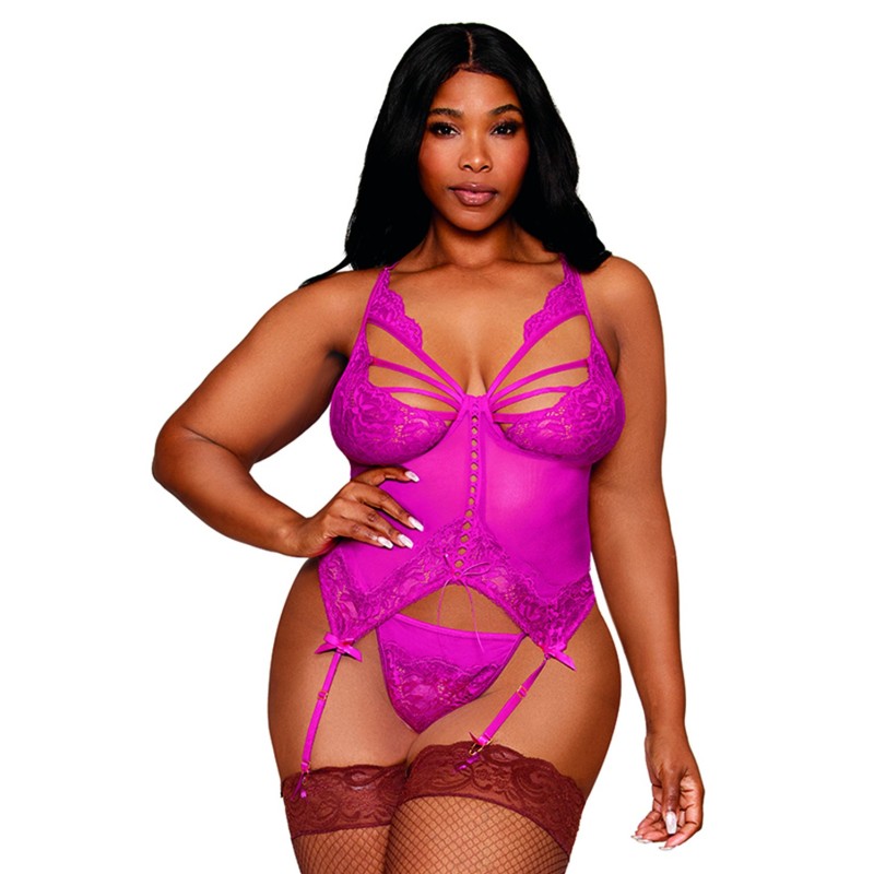 Bustier porte jarretelles grande taille rose avec string 