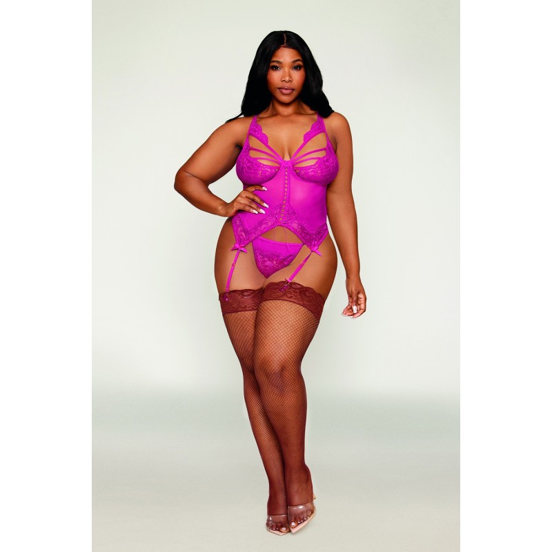 Bustier porte jarretelles grande taille rose avec string 