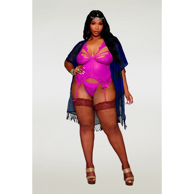 Bustier porte jarretelles grande taille rose avec string 