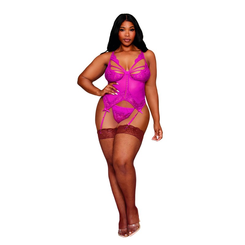 Bustier porte jarretelles grande taille rose avec string 