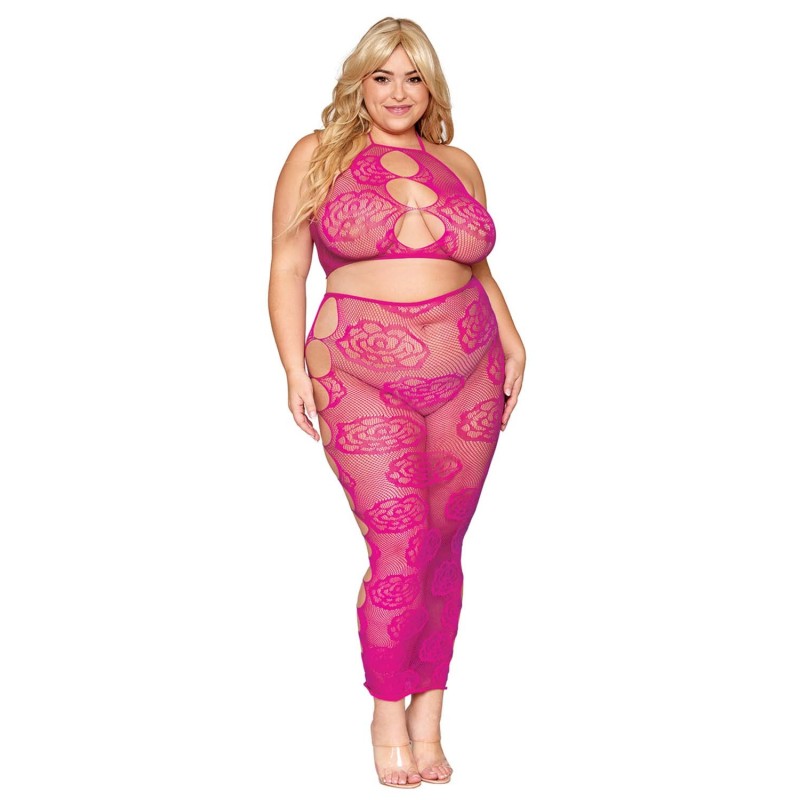Ensemble Soutien-gorge et jupe longue en filet rose, grande taille 