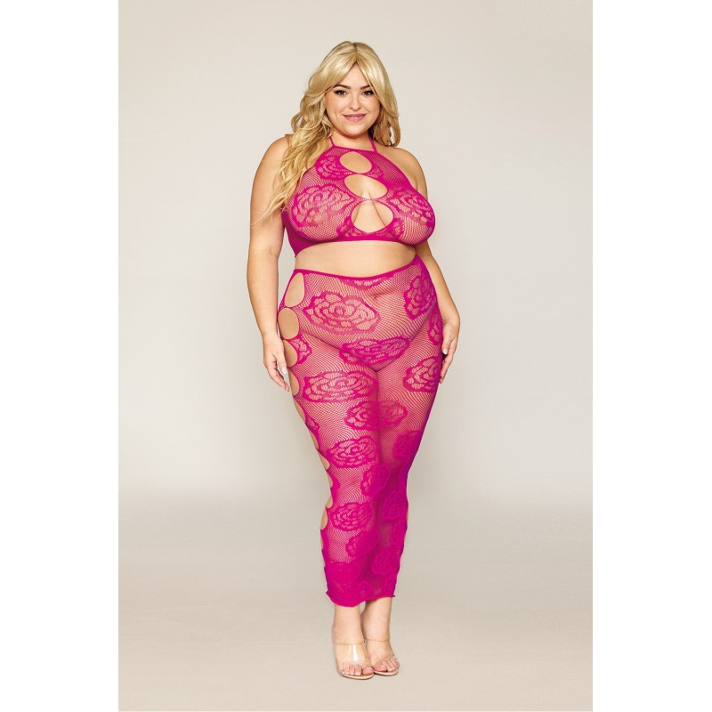 Ensemble Soutien-gorge et jupe longue en filet rose, grande taille 