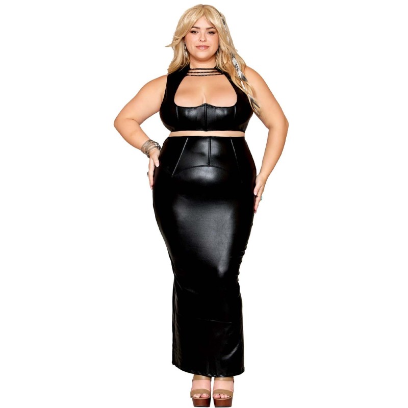 Ensemble Soutien-gorge et jupe longue, grande taille, noir en simili cuir 